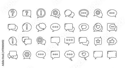 Collection of diverse speech bubble line icons, featuring question marks, exclamation points, gears, hearts, stars, thumbs up, and message indicators, perfect for graphic design, web development, app