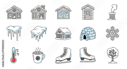 Collection of charming cartoon-style winter icons, featuring snow-covered houses, igloos, icicles, snowflakes, a thermometer, a steaming mug of hot beverage, ice skates, and a bare tree, perfect for