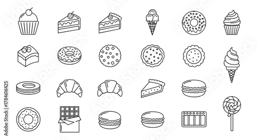 A delightful collection of thin line icons representing various pastries, sugary foods, and desserts, perfect for web, books, cards, and apps. This editable stroke vector cartoon illustration