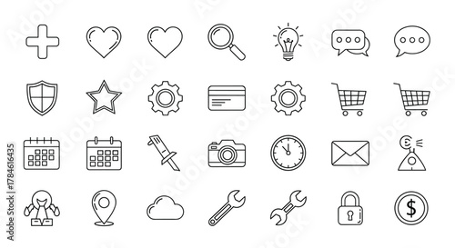 A comprehensive collection of outline icons suitable for graphic and web design, apps, adverts, and various cards, featuring symbols like a plus sign, heart, magnifying glass, lightbulb, chat
