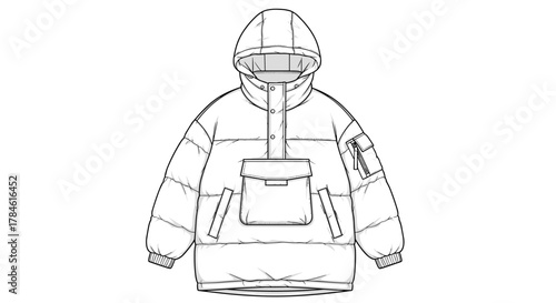 Fashion flat sketch of a unisex oversized puffer anorak jacket with a hood, featuring a large front pouch pocket, zippered side pocket, and ribbed cuffs. This vector technical drawing serves as a