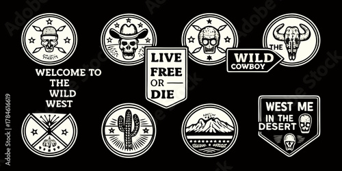 Collection of wild west themed emblems and badges featuring skulls cowboy hats cacti mountains and western phrases