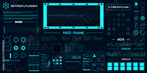 Retro futuristic cyberpunk hud interface with data displays warning and error messages