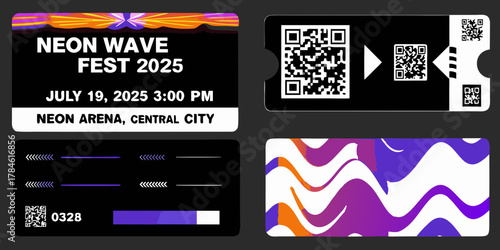 Neon wave fest 2025 event ticket design with qr codes and abstract graphics