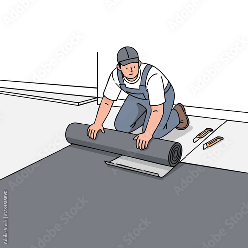 A skilled craftsman diligently unrolls a protective underlayment or new floor material onto a surface, preparing for a home improvement project.