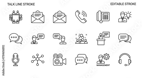 Collection of line icons representing communication and business concepts, including meeting, message, phone call, speech bubbles, conversation, conference, chat, management, microphone, network
