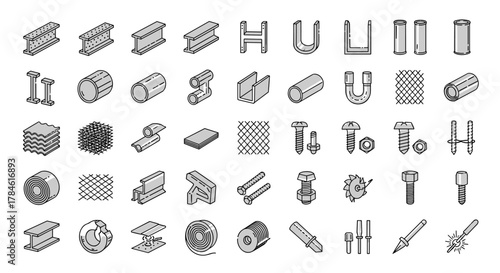 Set of linear style icons representing metal and stainless steel products, including beams, profiles, screws, bolts, mesh, pipes, and other building materials, presented in a clean, modern, and