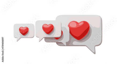A set of three 3D rendered chat bubbles, each containing a vibrant red heart shape, arranged in a visually appealing line against a clean white background, symbolizing love, communication, and