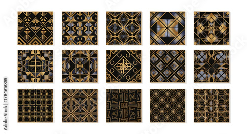 Collection of 15 seamless abstract luxury geometric patterns in gold and black, featuring Art Deco and modern design elements, perfect for backgrounds, textiles, and graphic design projects, vector