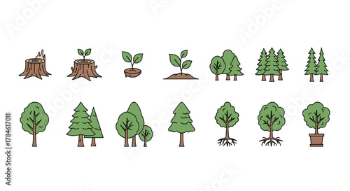 Collection of stylized cartoon tree icons representing different stages of growth and types, including stumps, saplings, mature deciduous and coniferous trees, and a potted plant, set against a clean