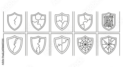 Collection of ten cracked shield icons, presented as a vector cartoon illustration with thin line art on a white background, symbolizing damage, vulnerability, and broken protection, ideal for