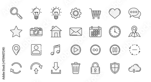 Collection of Thin Line Icons with Editable Stroke, Suitable for Websites, Books, Cards, and Apps. Vector Cartoon Illustration on a White Background, Featuring Icons for Search, Lightbulb, Gear