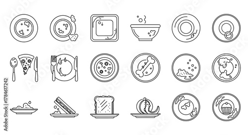 Set of 16 clean line art icons representing various food items and dishes on plates, including pizza, sandwich, soup, cupcake, and more, perfect for graphic design, web, apps, and advertising