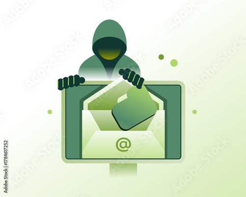 A hooded figure symbolizing a hacker emerges from a screen, stealing an email with a phishing link, representing cybersecurity threats and data theft.