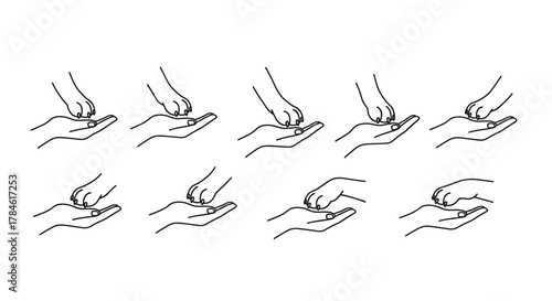 Collection of simple line art icons depicting a dog's paw gently resting on an open human hand, symbolizing trust, companionship, and the human-animal bond, presented on a clean white background for