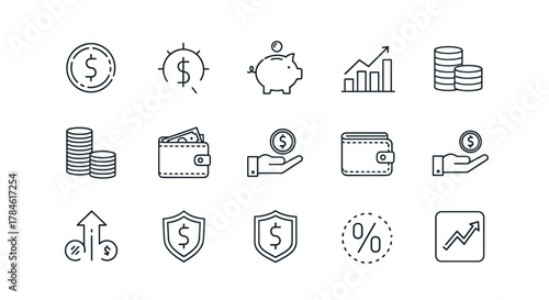 A collection of clean, modern line icons representing financial concepts including coins, stacks of money, wallets, piggy banks, growth charts, and security shields, all presented on a white