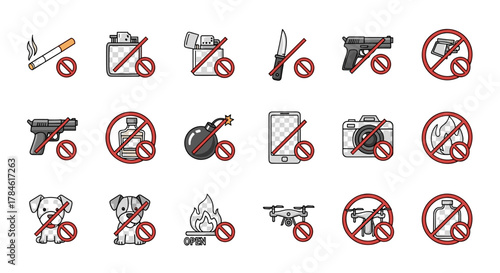 Collection of forbidden items outline icons, including smoking, lighters, knives, guns, alcohol, bombs, phones, cameras, fire, dogs, drones, and open signs, perfect for graphic design, apps, and