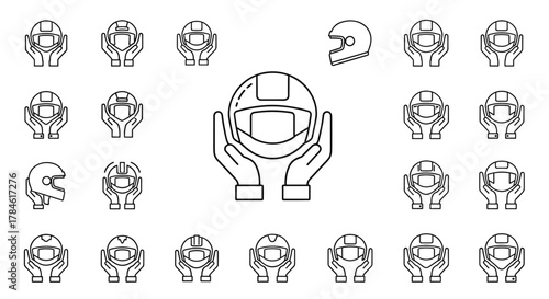 Modern outline style icon of a racing helmet held protectively between two hands, symbolizing safety, care, and security in sports and transportation. This versatile vector illustration is perfect