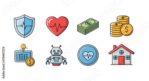 Vibrant Insurance Icon Pack: A Collection of Health, Money, Robot, and House Icons, Perfect for Graphic Design, Concept Art, and App Development, Featuring a Clean White Background for Versatile Use