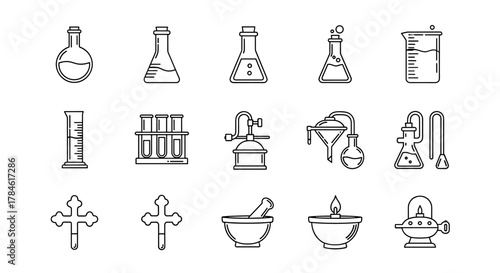 Collection of laboratory glassware and scientific equipment icons, including flasks, beakers, test tubes, distillation apparatus, mortar and pestle, and oil lamps, presented in a clean, modern line