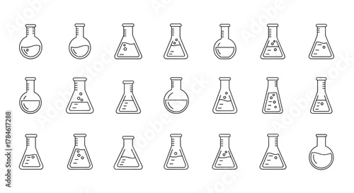 Set of minimalistic thin line icons representing various laboratory flasks, including Erlenmeyer, volumetric, and round-bottom flasks, filled with liquids and bubbles, suitable for web, graphic