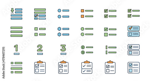 Collection of vivid, flat design icons representing various list and menu interfaces, including numbered lists, bullet points, checkboxes, and clipboard tasks, perfect for web design, infographics