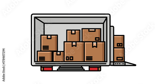 Clean and simple vector illustration of stacked cardboard boxes inside the cargo area of a delivery truck, presented on a white background, perfect for graphic design, app interfaces, and conceptual
