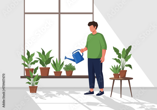 Illustration of a Man Watering Houseplants Placed on a Window Sill and Small Table Indoors 