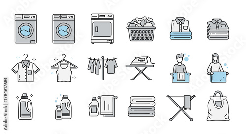 A clean and organized vector illustration set featuring essential laundry service icons, including washing machines, dryers, laundry baskets, folded clothes, hanging garments, irons, ironing boards