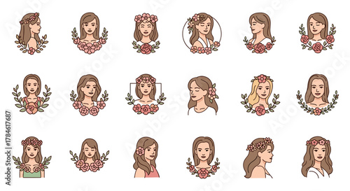Set of beautiful woman portraits with flowers and leaves, vector cartoon illustration for logo design, isolated on white background, featuring diverse hairstyles and floral adornments, perfect for