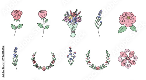 Charming collection of feminine floral illustrations, featuring delicate roses, peonies, lavender sprigs, a vibrant bouquet, and decorative floral wreaths and swirls, all rendered in a simple, clean