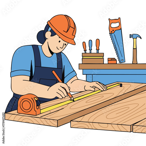 A woman carpenter wearing an orange hard hat carefully measures and marks wood with a pencil, preparing for a construction project in a workshop.