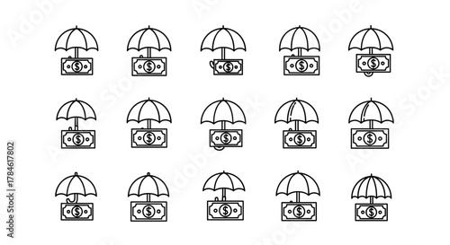 Set of 15 thin line icons representing money under an umbrella, symbolizing financial security, protection, and insurance. Each icon features a dollar bill with a dollar sign protected by an