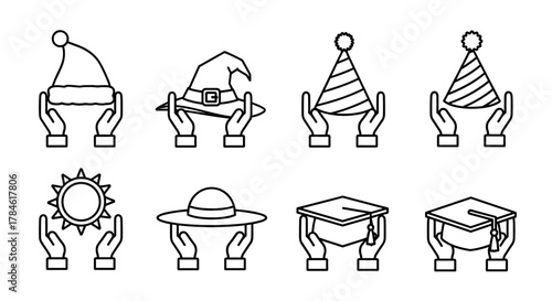 Collection of outline icons featuring hands holding various hats and symbols, including a Santa hat, witch hat, party hats, sun, wide-brimmed hat, and graduation caps, perfect for graphic and web