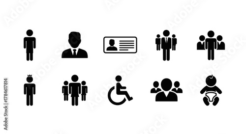 Collection of diverse people icons in a flat, black design, isolated on a clean white background, representing various demographics and situations including individuals, groups, a businessman, a