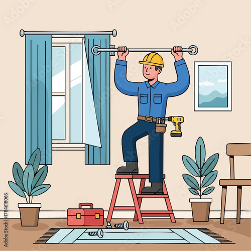 A skilled handyman installs a curtain rod in a well-lit room, demonstrating home improvement and interior design with precision and expertise.