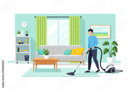 Illustration of a Man Cleaning the Living Room Floor with a Vacuum Cleaner in a Mint Green Colored Room