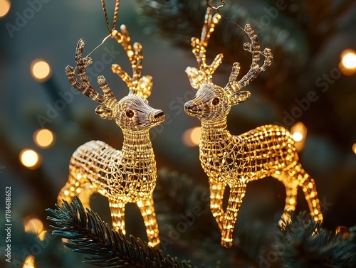 Golden wire reindeer Christmas tree ornaments hanging on evergreen pine branches with twinkling lights and soft glow. Festive decor for digital designs, greeting cards, social media posts, and holiday