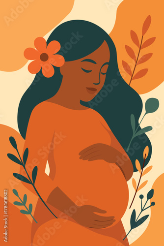 pregnant women holding her belly, botanical theme