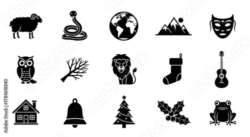Collection of black and white icons representing diverse themes, nature, and holidays