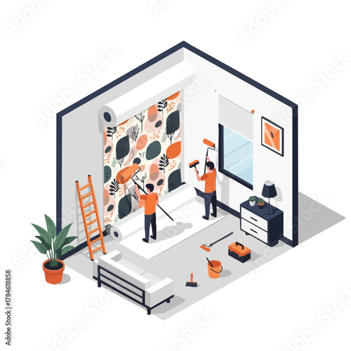 Isometric illustration shows two people applying wallpaper with a floral pattern in a room with tools and furniture for home improvement.