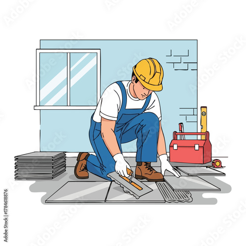 Professional male tiler carefully applies adhesive and lays ceramic floor tiles during a home improvement project, demonstrating expert craftsmanship.