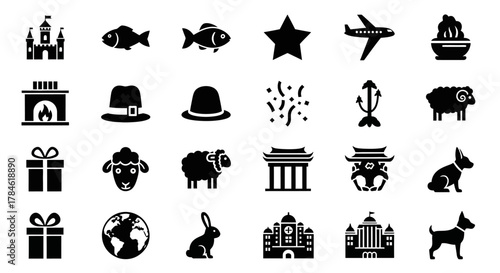Assorted Black and White Silhouette Icons of Various Objects and Figures Set on White