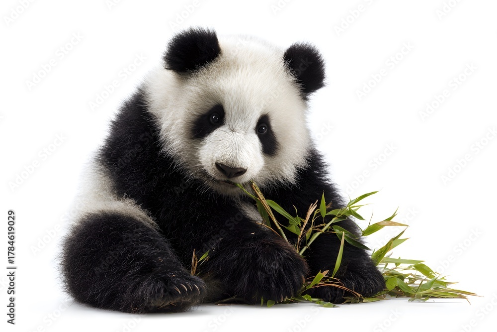 Naklejka premium A young panda sits and eats green bamboo stalks on a white background.