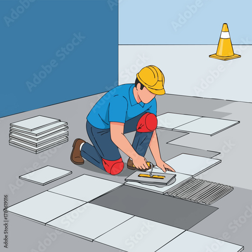 A skilled construction worker meticulously installs new ceramic floor tiles using a trowel and level, ensuring precise alignment during an interior home renovation project.