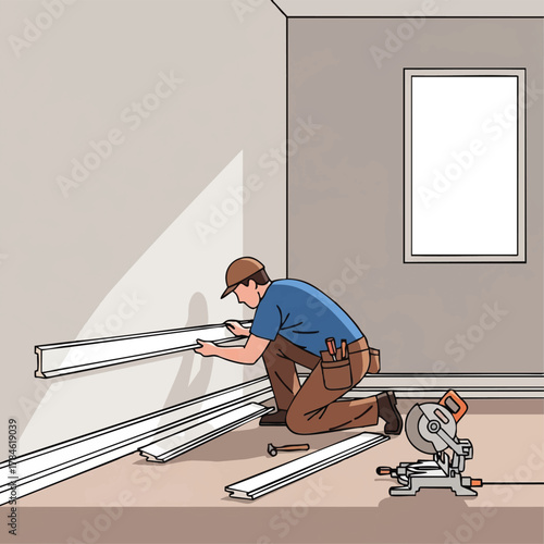 A skilled craftsman meticulously installs decorative baseboard trim along a freshly painted wall, enhancing the room's aesthetic appeal during a home renovation project.