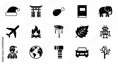 Iconic Black Symbols Collection Hat, Gate, Food, Book, Elephant, Plane, Fire, Ice, Leaf, Car