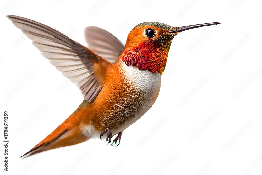 Fototapeta premium A small orange Hummingbird hovers with wings spread wide, showing detailed feathers in flight on a white background.