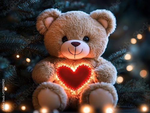 Teddy bear with glowing heart-shaped lights in front of Christmas tree, dark blurred background with bokeh effect, warm and cute design suitable for holiday greeting cards, social media posts, or digi