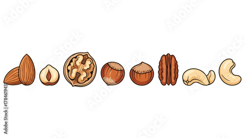 A horizontal line of various nuts depicted in a cartoonish pixel art style
